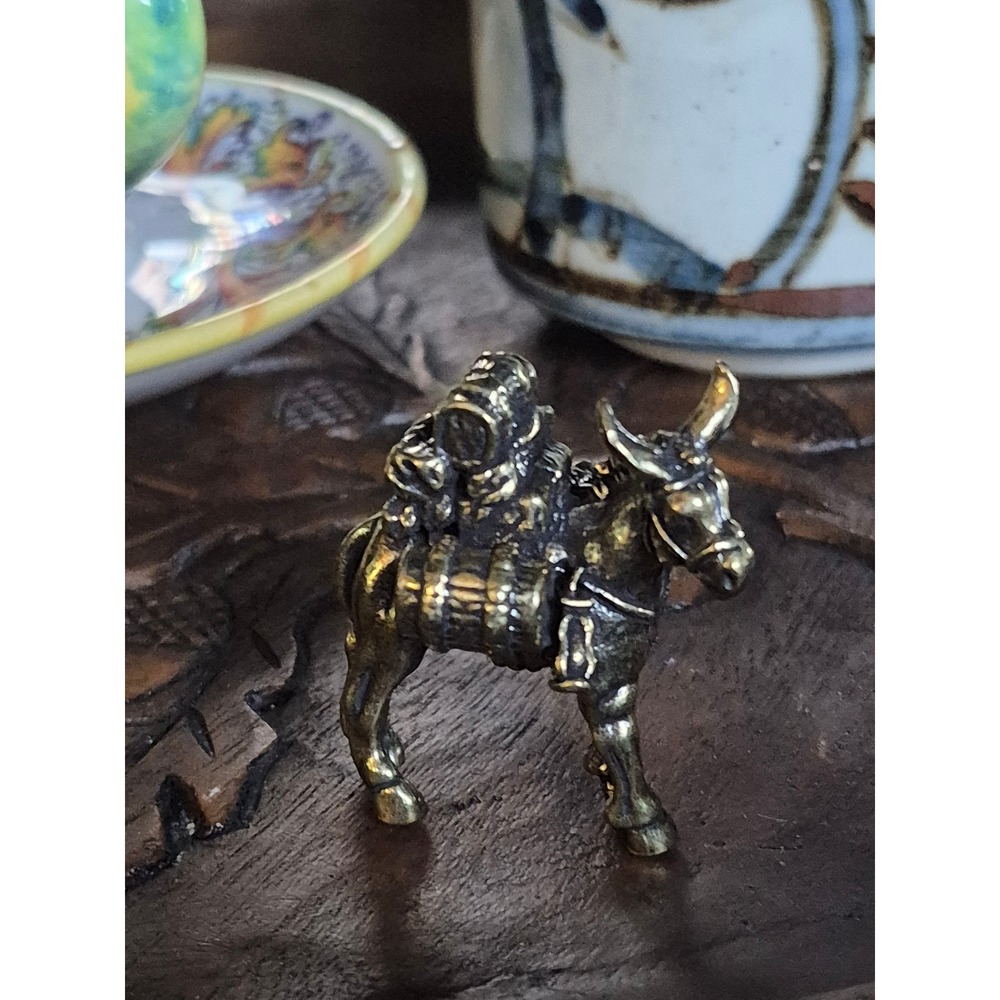 Vintage Brass Donkey Mule Figurine Pack Animal With Barrels Miniature Statue